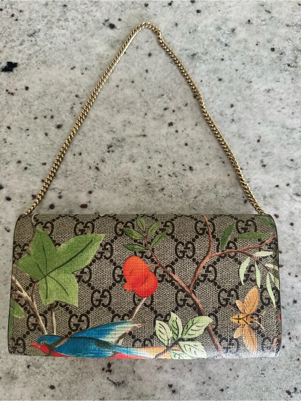 Gucci GG Supreme Floral-Print Flora Wallet on Chain, Authentic, No Callouts